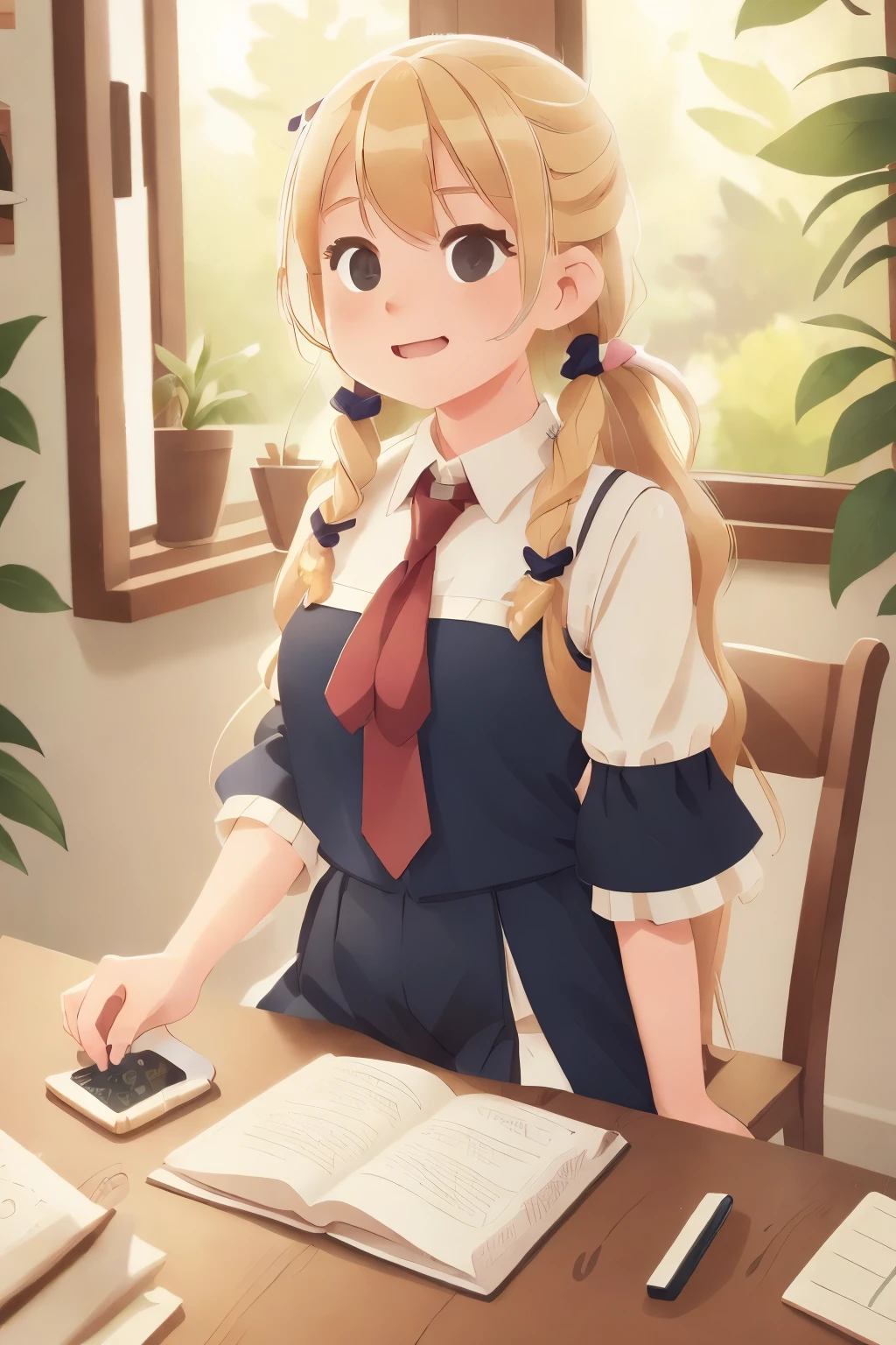 (extremely detailed CG unity 8k wallpaper,masterpiece, best quality, ultra-detailed),school classroom setting,sunlight filtering through trees,beautiful blonde high school girl with twintails and ahoge(D-cup),smartphone in hand,fidgeting with it,beautiful black-haired high school girl,thin and flat-chested, wearing sailor uniform,sitting on chair and having conversation with blonde girl who is sitting on desk,in the evening.