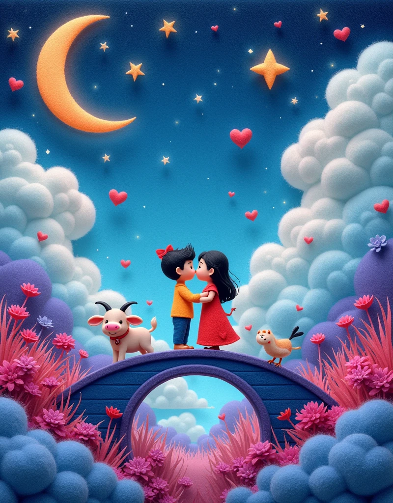 Wool felt style,Surreal space,abstract,Valentine's Day,Ancient Chinese Mythology,Hanfu,Boys and girls snuggle together,Standing on the arch bridge,A calf stands at the boy's feet,Fluffy love heart,Fluffy clouds,Star,Beautiful moon,Magpie,Grass,Flowers,In a dream,A vibrant and fun way to set the stage,Blue, purple and pink tones,Bright,Art