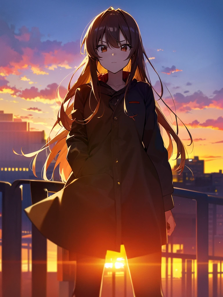 Cityscape, building, Skyline, sunset, Silhouette against a background of cumulonimbus clouds, meditation. Watching the beautiful sunset, sunset時に, sunset時, sunsetとともに, In the sunset, Nice views, Sunset view, With the sunset, sunset時に, During Golden Hour, looking sunset時に, Sunset in the background, Watching the sunset, Get noticed, Holding_gun, assault_rifle, Very detailed, Brown Hair, Long Hair, Anime Style, whole body, alone, Stylish Gunfighter Girl, スチームパンクの長gun身ピストルを持っている, The background is a dark and desolate landscape, Horror movie atmosphere. Her figure is very beautiful, Emphasizing the dark and crazy elements. Skillfully expressing the effects of light and shadow, Anime girls with guns and rifles, from the girls&#39; Forefront