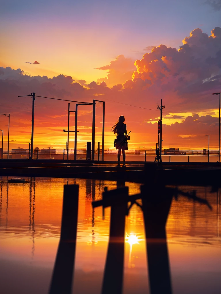 Cityscape, building, Skyline, sunset, Silhouette against a background of cumulonimbus clouds, meditation. Watching the beautiful sunset, sunset時に, sunset時, sunsetとともに, In the sunset, Nice views, Sunset view, With the sunset, sunset時に, During Golden Hour, looking sunset時に, Sunset in the background, Watching the sunset, Get noticed, Holding_gun, assault_rifle, Very detailed, Brown Hair, Long Hair, Anime Style, whole body, alone, Stylish Gunfighter Girl, スチームパンクの長gun身ピストルを持っている, The background is a dark and desolate landscape, Horror movie atmosphere. Her figure is very beautiful, Emphasizing the dark and crazy elements. Skillfully expressing the effects of light and shadow, Anime girls with guns and rifles, from the girls' Forefront