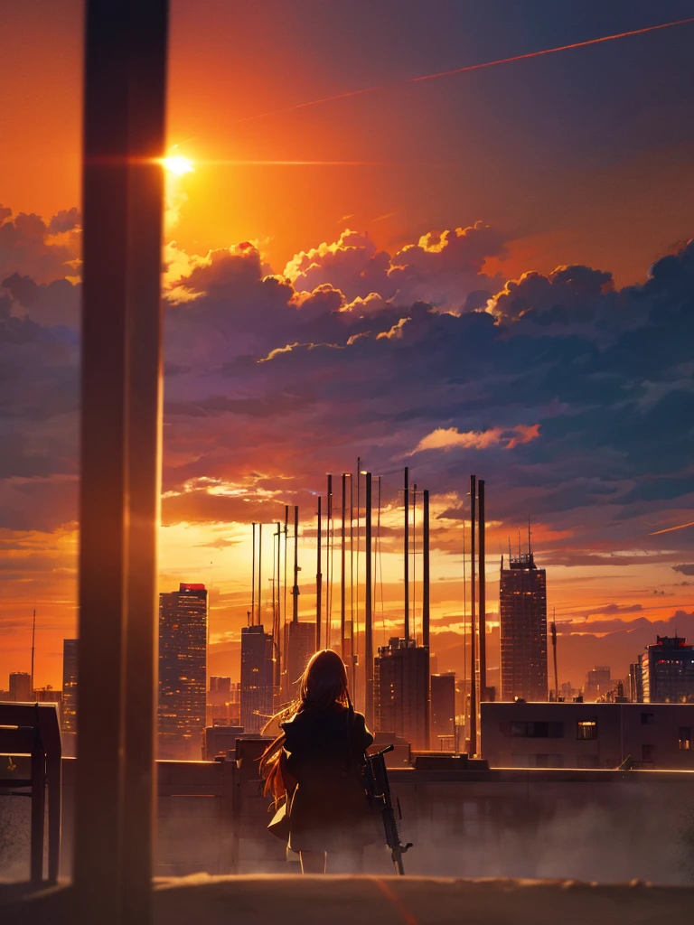 Cityscape, building, Skyline, sunset, Silhouette against a background of cumulonimbus clouds, meditation. Watching the beautiful sunset, sunset時に, sunset時, sunsetとともに, In the sunset, Nice views, Sunset view, With the sunset, sunset時に, During Golden Hour, looking sunset時に, Sunset in the background, Watching the sunset, Get noticed, Holding_gun, assault_rifle, Very detailed, Brown Hair, Long Hair, Anime Style, whole body, alone, Stylish Gunfighter Girl, スチームパンクの長gun身ピストルを持っている, The background is a dark and desolate landscape, Horror movie atmosphere. Her figure is very beautiful, Emphasizing the dark and crazy elements. Skillfully expressing the effects of light and shadow, Anime girls with guns and rifles, from the girls&#39; Forefront