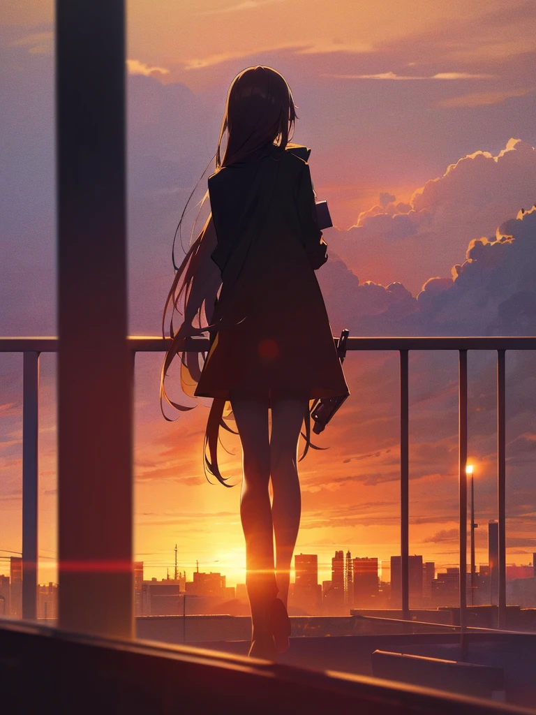 Cityscape, building, Skyline, sunset, Silhouette against a background of cumulonimbus clouds, meditation. Watching the beautiful sunset, sunset時に, sunset時, sunsetとともに, In the sunset, Nice views, Sunset view, With the sunset, sunset時に, During Golden Hour, looking sunset時に, Sunset in the background, Watching the sunset, Get noticed, Holding_gun, assault_rifle, Very detailed, Brown Hair, Long Hair, Anime Style, whole body, alone, Stylish Gunfighter Girl, スチームパンクの長gun身ピストルを持っている, The background is a dark and desolate landscape, Horror movie atmosphere. Her figure is very beautiful, Emphasizing the dark and crazy elements. Skillfully expressing the effects of light and shadow, Anime girls with guns and rifles, from the girls&#39; Forefront