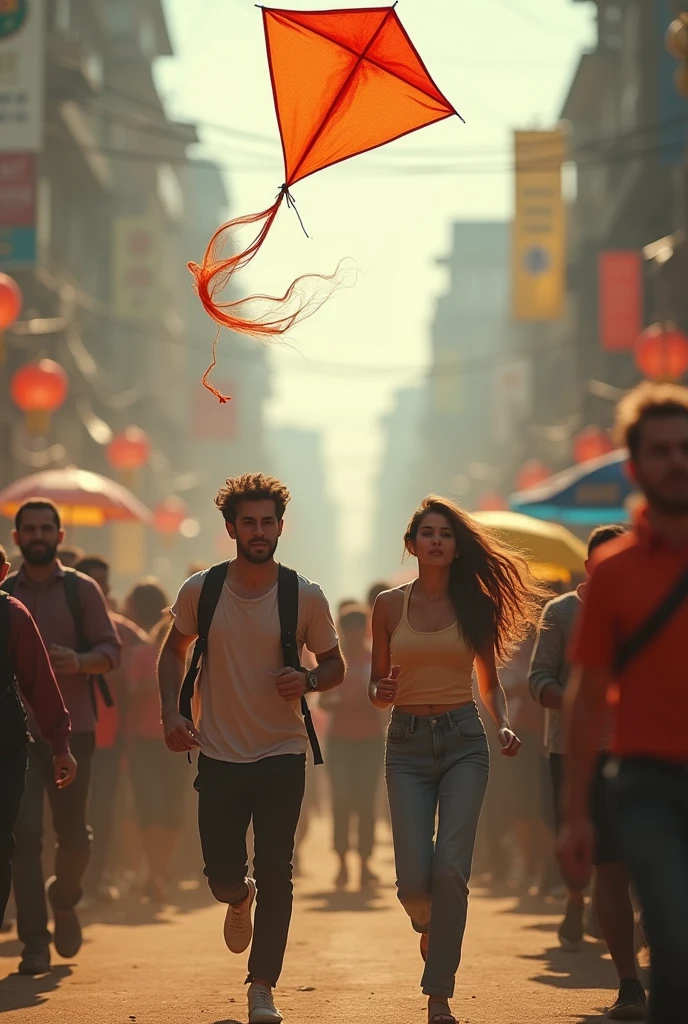 A slow-motion shot of them running through the crowd, with the kite as a focal point. The background music swells with a romantic melody.