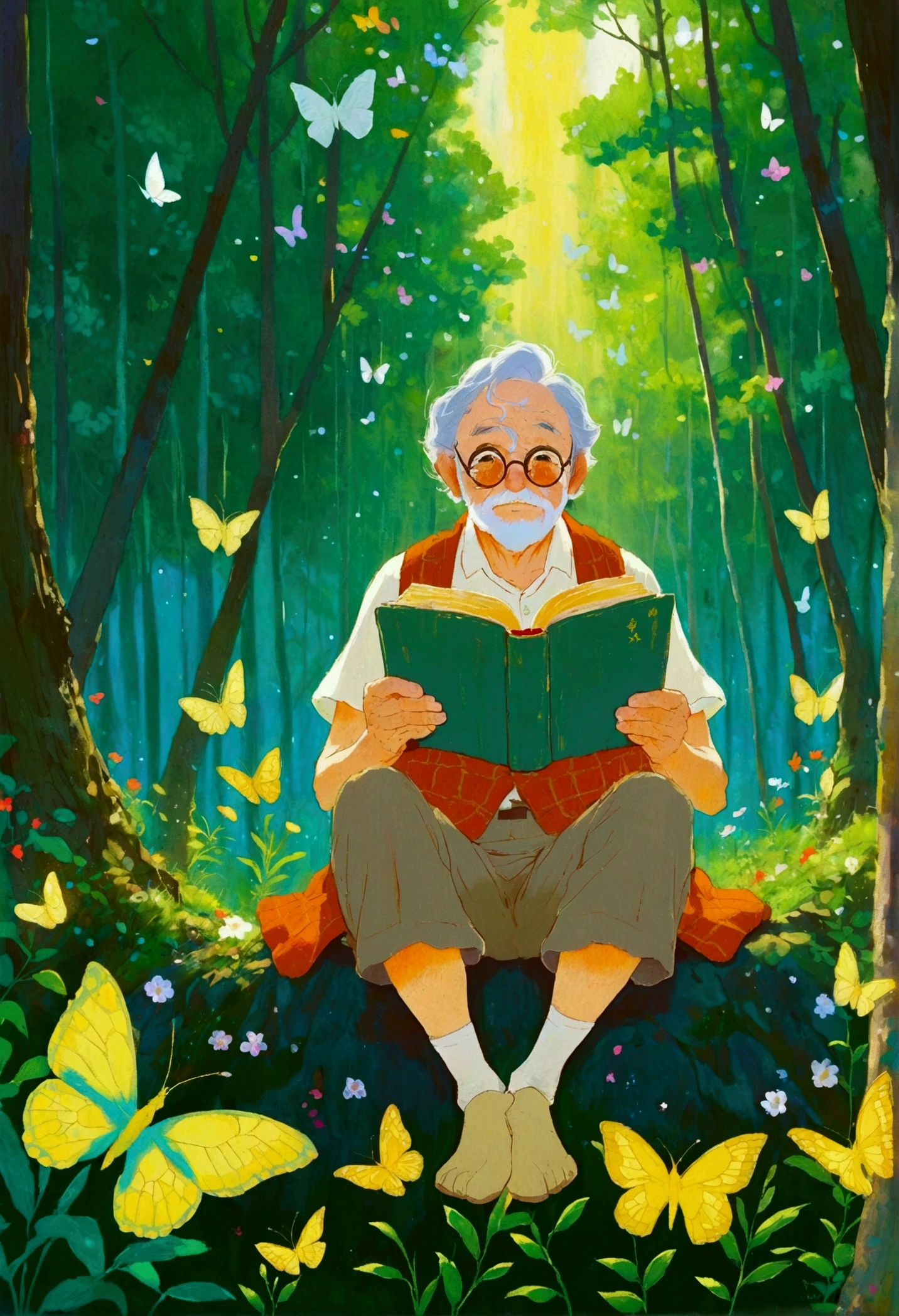 A man is reading in a forest full of butterflies, Character portraits inspired by Hayao Miyazaki, Pixiv competition winner, Magical Realism, William Joyce, Miyazaki style, Hayao Miyazaki, An old man with 7 yellow birds, Cyril Rolando 和 M. Vacaruta, Cyril Rolando 和 M.Vacaruta, Ghibli art style