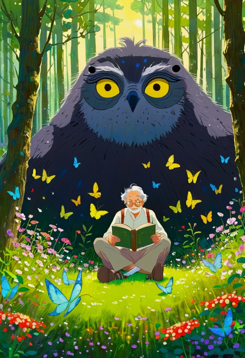 A man is reading in a forest full of butterflies, Character portraits inspired by Hayao Miyazaki, Pixiv competition winner, Magical Realism, William Joyce, Miyazaki style, Hayao Miyazaki, An old man with 7 yellow birds, Cyril Rolando 和 M. Vacaruta, Cyril Rolando 和 M.Vacaruta, Ghibli art style