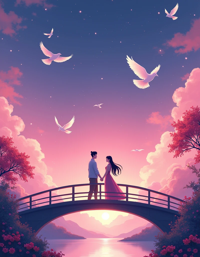  (Low Angle Shot:1.8), (Looking up:1.8), (((8k，Bright colors，Bright，Ultra high saturation，rgb, Colorful))), Chinese style，(in love:1.5)，(((Flat poster design)))，There are two people on the poster，Cowherd and Weaver Girl standing on an elegant bridge，The background is dreamy pink and purple，White magpies circling around them in the night sky，Surrounded by stars，Create a dreamy atmosphere，It is created in the style of Hayao Miyazaki&#39;s anime，In the foreground，There are some flowers in front，High Definition，High Detail，Dunhuang mural style，Dunhuang bright colors，Dunhuang Elements，Flat illustration