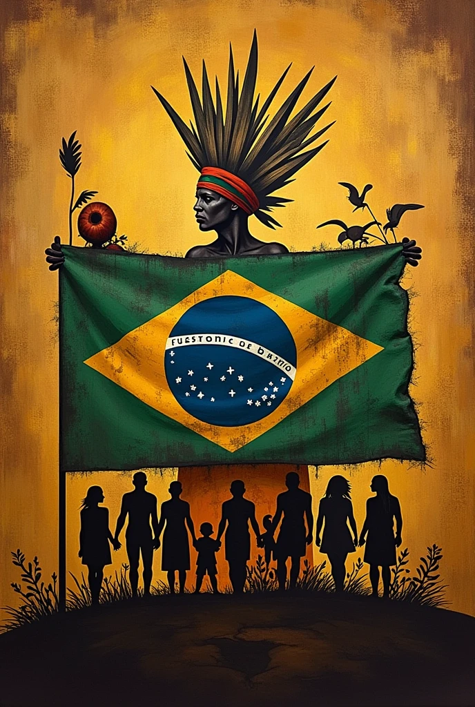 Create a flag with the theme of indigenous Brazilian peoples and ghettos with brown coloring