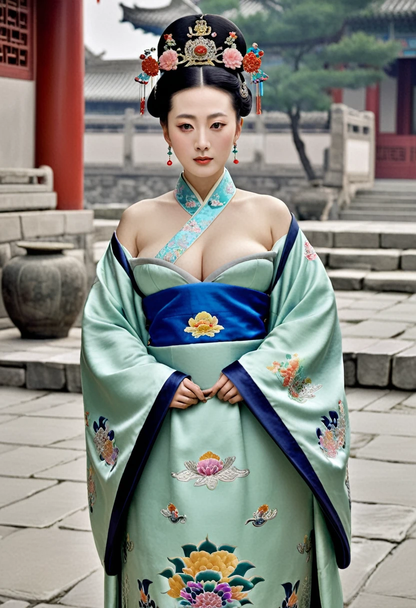 A front view of the Qing Dynasty imperial court. A Qing Dynasty empress with large breasts and bare chest. She is wearing a Chinese empress crown and a floral hairpin, and is pulled up against the stone paving of the Qing Dynasty imperial court.