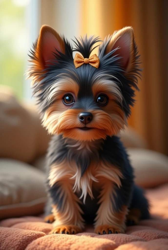 yorkshire dog with bow on head and furry floppy ears