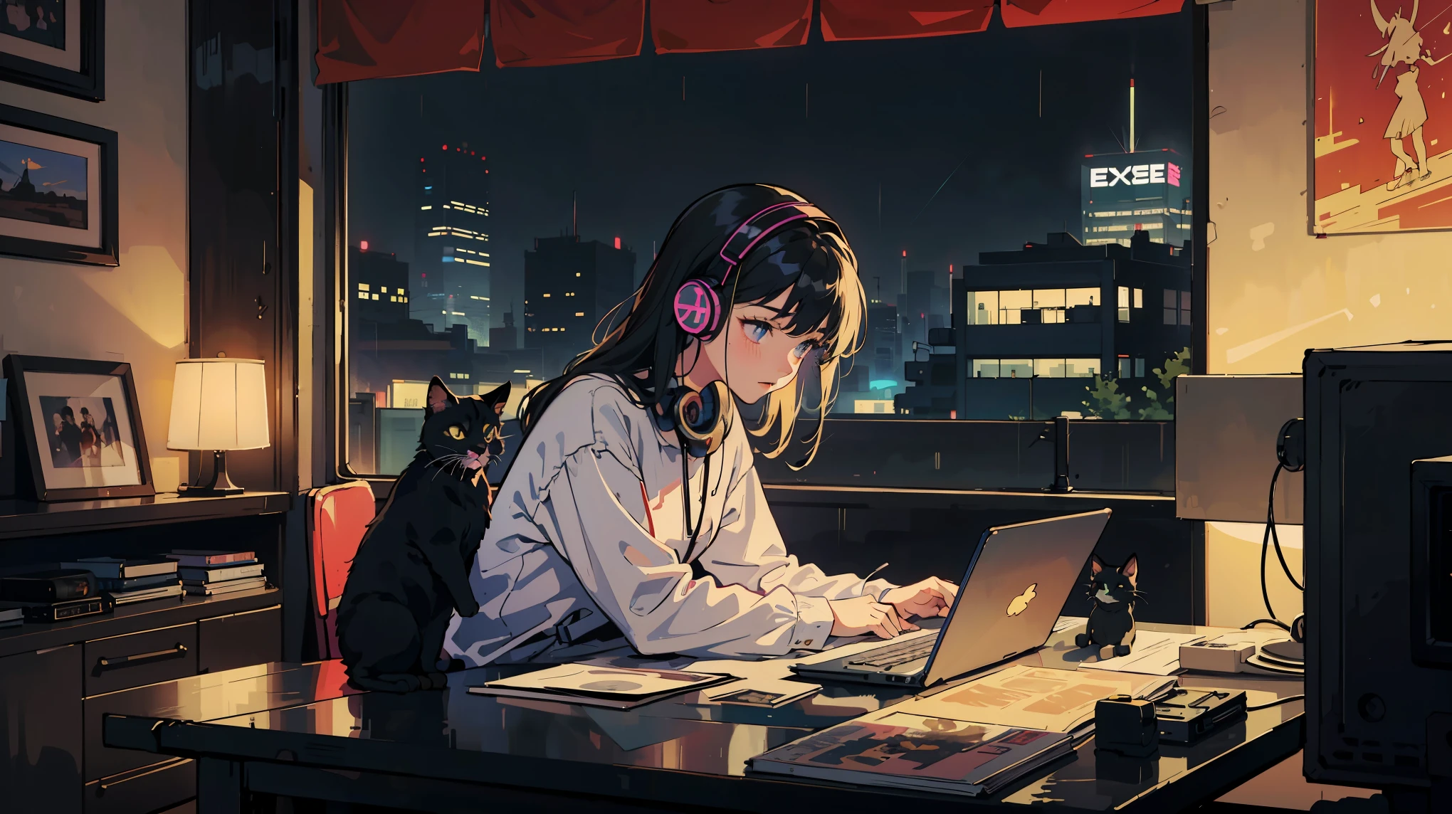 Girl working in room, Looking at the monitor screen, Wear headphones, night間照明, Neon scenery on a rainy day,listening to music on headphones, Super Detail, Retro Wave, cyber punk, Dreamy atmosphere, 窓から差し込むnightの光, Cityscape seen from the window, nightの雰囲気, One Bedroom, (Long Shot), Wide Shot, (Movie noise), Old cartoons, (Many records: 1.3), (masterpiece, Very high quality, Very high quality, beautifully、aesthetic: 1.2), (Very detailed), guitar, (Note: 1.4), (Lo-fi hop), Side view, alone, speaker, keyboard, pc, night, Various tools are scattered around. A black cat is sitting next to her, It exudes a nostalgic 80's city pop vibe..