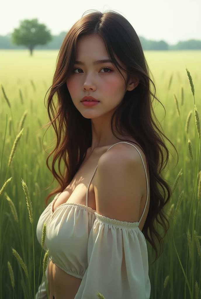 Shirtless realistic woman working in paddy field
