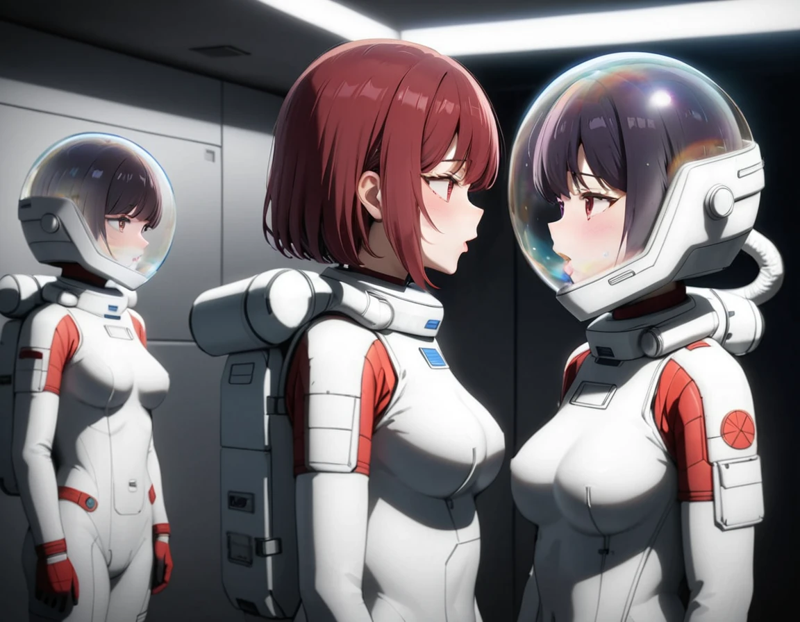 (spacesuit:1.15), white cargo pants, astronaut)bubble helmet, space helmet , , looking at the audience,\ indoors, masterpiece, best quality, 2girl, two girl, tits, , ,, short hair, , red eyes, from side
