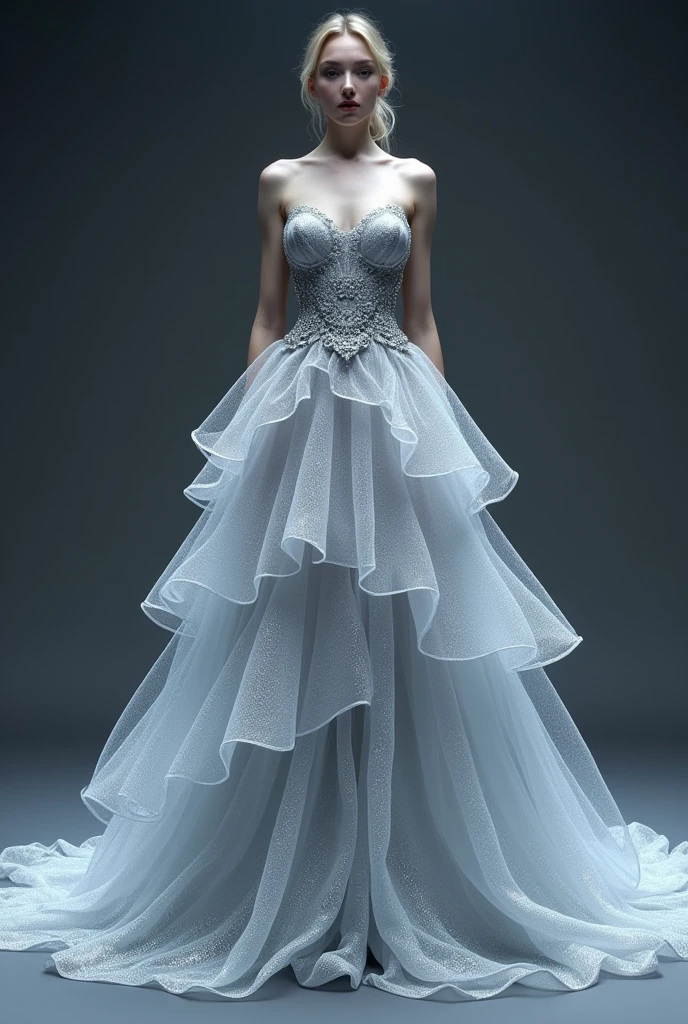  dress, The fabric is soft and luxurious, shimmering silver. The bodice fits snugly, and the skirt cascades down in layers of sheer material, looking like shimmering ice.