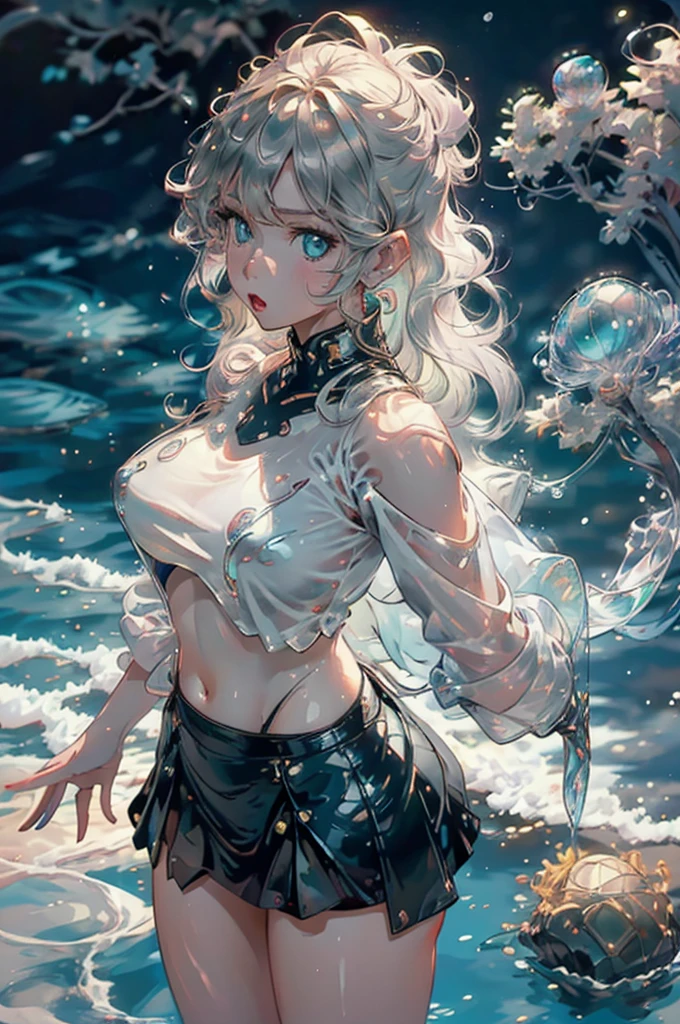 (scifi, horor)"(best quality,4K,highres),
A lovely woman (25, athletic, busty, golden ratio figure, random race, brightly colored hair, dressed appropriate to the scene),awakened rudely [on the beach] (panic and struggle),
A UFO hovers nearby, an neon gelatinous Eldritch tentacle (very large, octopus like, many large tentacles) alien has the woman,
enthusiastically exploring and drawing the woman towards the UFO [otherworldly lights] (damsel abduction),
night time beach,
(ocean) waves crashing loudly, gentle breeze,
reflections on wet sand,
(strong contrast) between darkness and UFO lights,
(long exposure) streaks of light in the night sky,
(moody) atmosphere,
(vibrant colors) with a touch of (cool tones),
(dramatic) shadows and highlights,
(wild, untamed) nature surrounding the beach,
(surreal) and (dreamlike) landscape."Backlight.Glamorous Body,(((Airborne particles、Glowing particles))),Plump thighs、Stylish clothes、Stylish accessories、See-through、Dynamic Angle、(((Princess cut,Inner Color,))),(((Water balls,Soap bubble,Refraction of Light)))、Dynamic Pose,