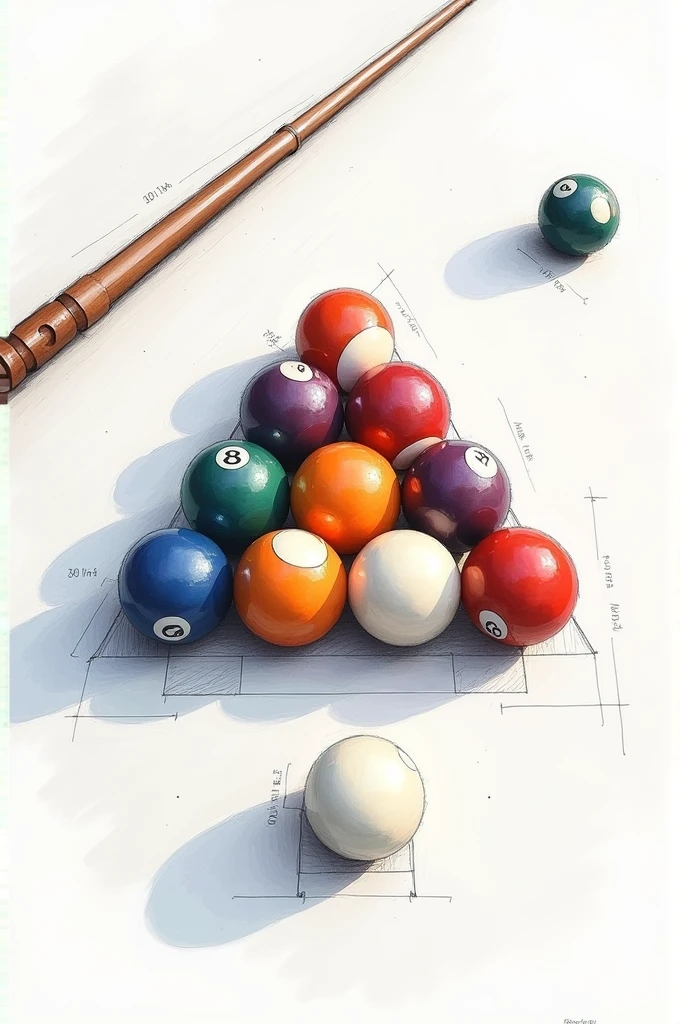 Sketch of pool balls and a cue stick