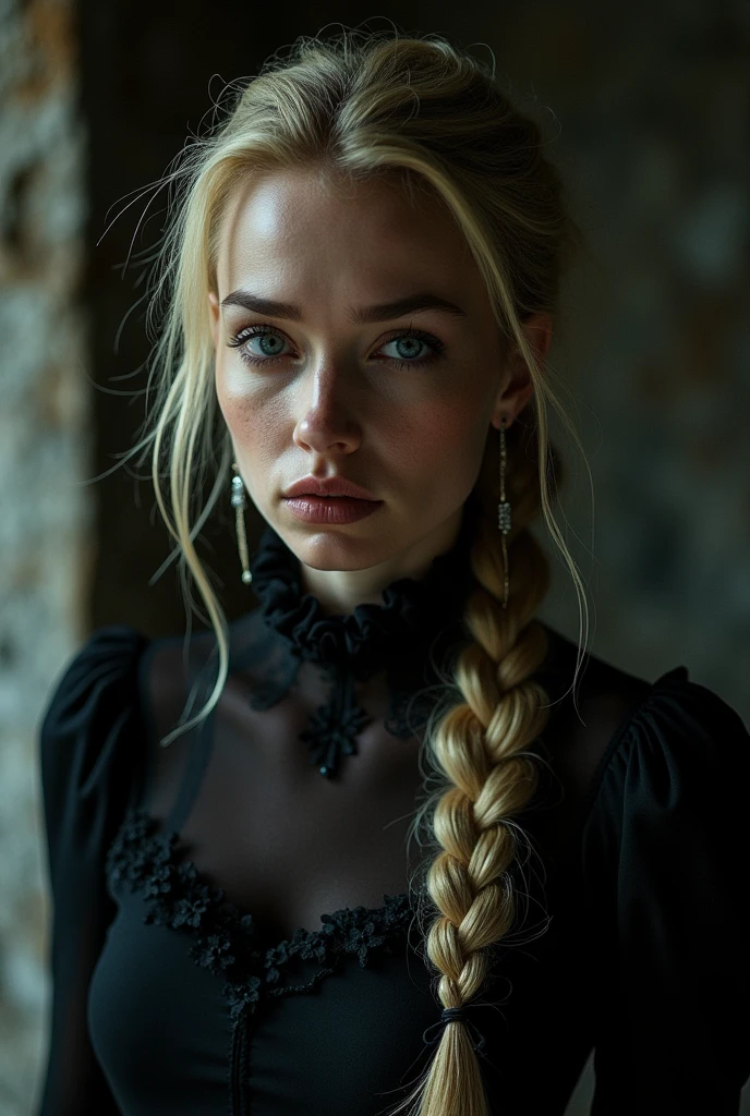 portrait of skswoman, guilty , wearing haute couture garments , with dirty blonde Fishtail braid , background dungeon epic (photo, studio lighting, hard light, sony a7, 50 mm, matte skin, pores, colors, hyperdetailed, hyperrealistic),
