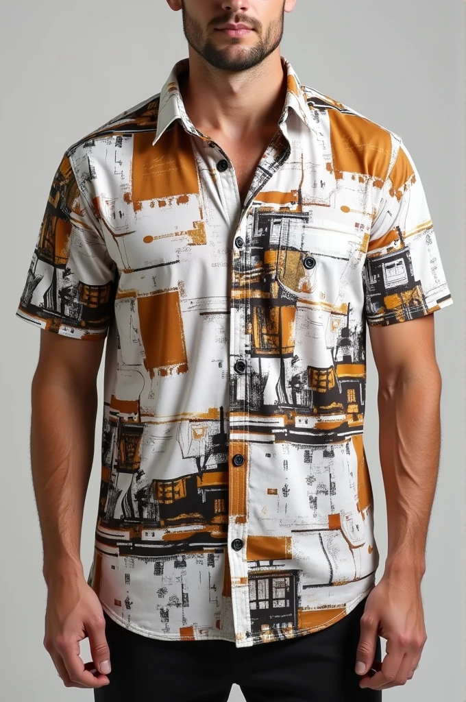 Create a white shirt with a brown black-themed graffiti print 