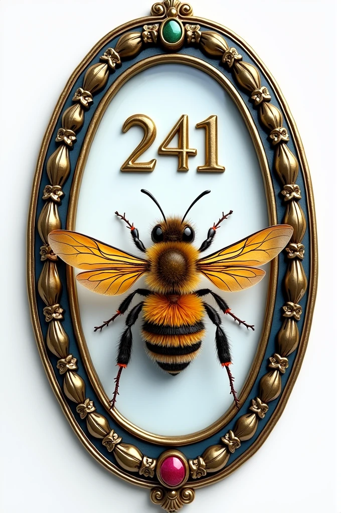 Logo design: shapes and frames: elongated, double-rimmed logo with an exquisitely carved engraving. Center picture: in the middle of a frame, place a perfectly realistic picture of a real bee in the hands clenched. Writing and ribbon: below the picture of the bee, add the bow with the inscription "syahrul rowa" in 3d model. Above the bee image, add "241" also to the 3d model. Color and effect: use a metallic shades of red and blue for the entire logo. The words "syahrul rowa" and "241" had to be made of gold and silver glass with a hue of green and pink. Background: transparent, with which logos can be applied to various backgrounds.