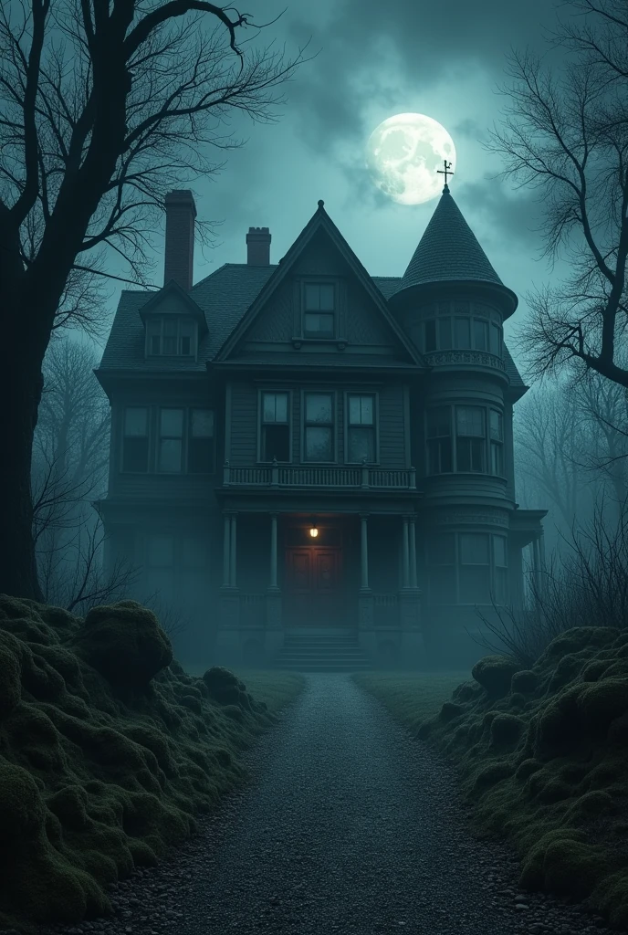 The cover shows an old, crumbling Victorian mansion, shrouded in dense night fog. Home, with broken windows and rusty doors, It is dimly illuminated by the moonlight that passes through the dark clouds.. In the foreground, A gravel path leads into a gloomy forest, with twisted and moss-covered trees. A hooded figure appears in the upper left corner, partially hidden in shadow, adding an air of mystery and menace.
I want the image to be 1100 X 1024