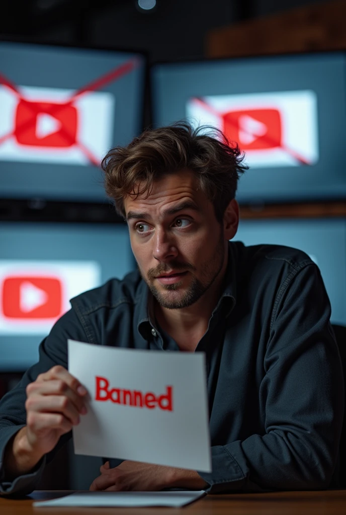 Create a 16:9 photo of MrBeast looking dejected and surprised, as if he has just been expelled from YouTube. The background shows a blurred YouTube studio with screens displaying the YouTube logo crossed out in red. MrBeast is sitting at a desk, his signature style slightly disheveled, holding a 'Banned' notice in one hand. His expression is a mix of shock and disbelief. The lighting is slightly dim, casting subtle shadows that emphasize the serious and unexpected nature of the situation. The overall atmosphere should convey a dramatic and somber tone, reflecting the gravity of being expelled from the platform.