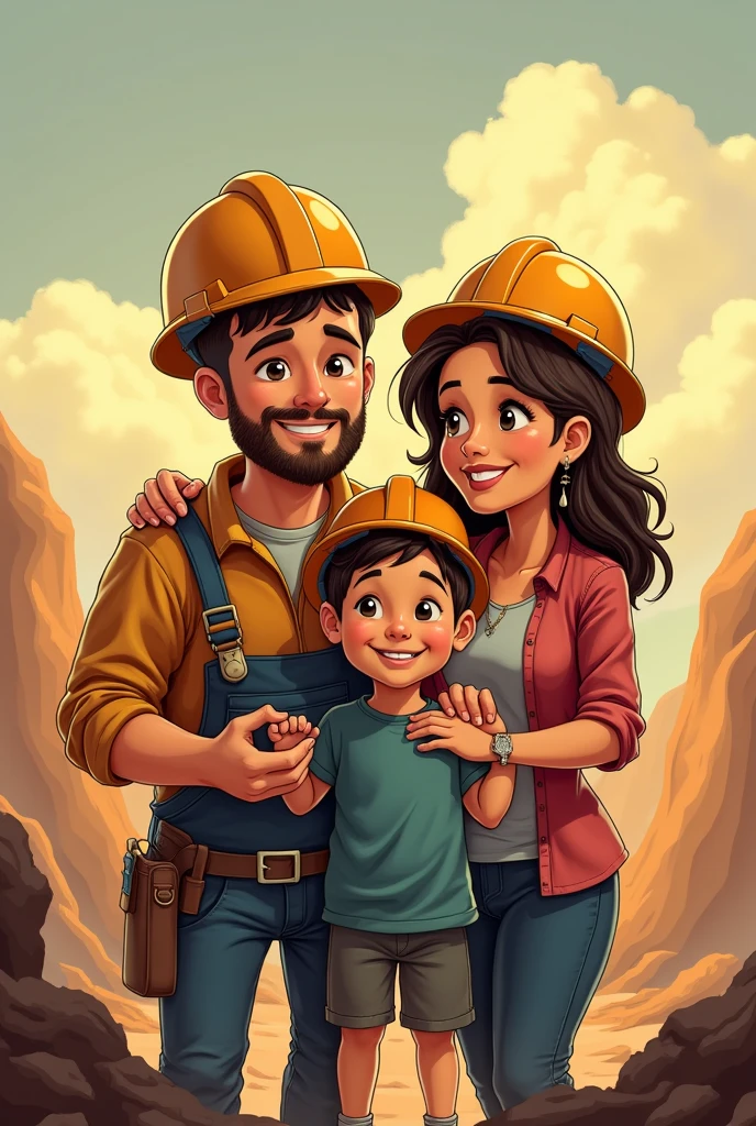 dibujo de familia de Husband que trabaja en minería, Husband, wife, two children embraced and loved