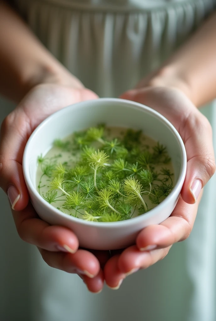 Indian Fennel seeds in white glass bowl, held by a girl in her hand, show only hand like she raised the bowl, no body or face