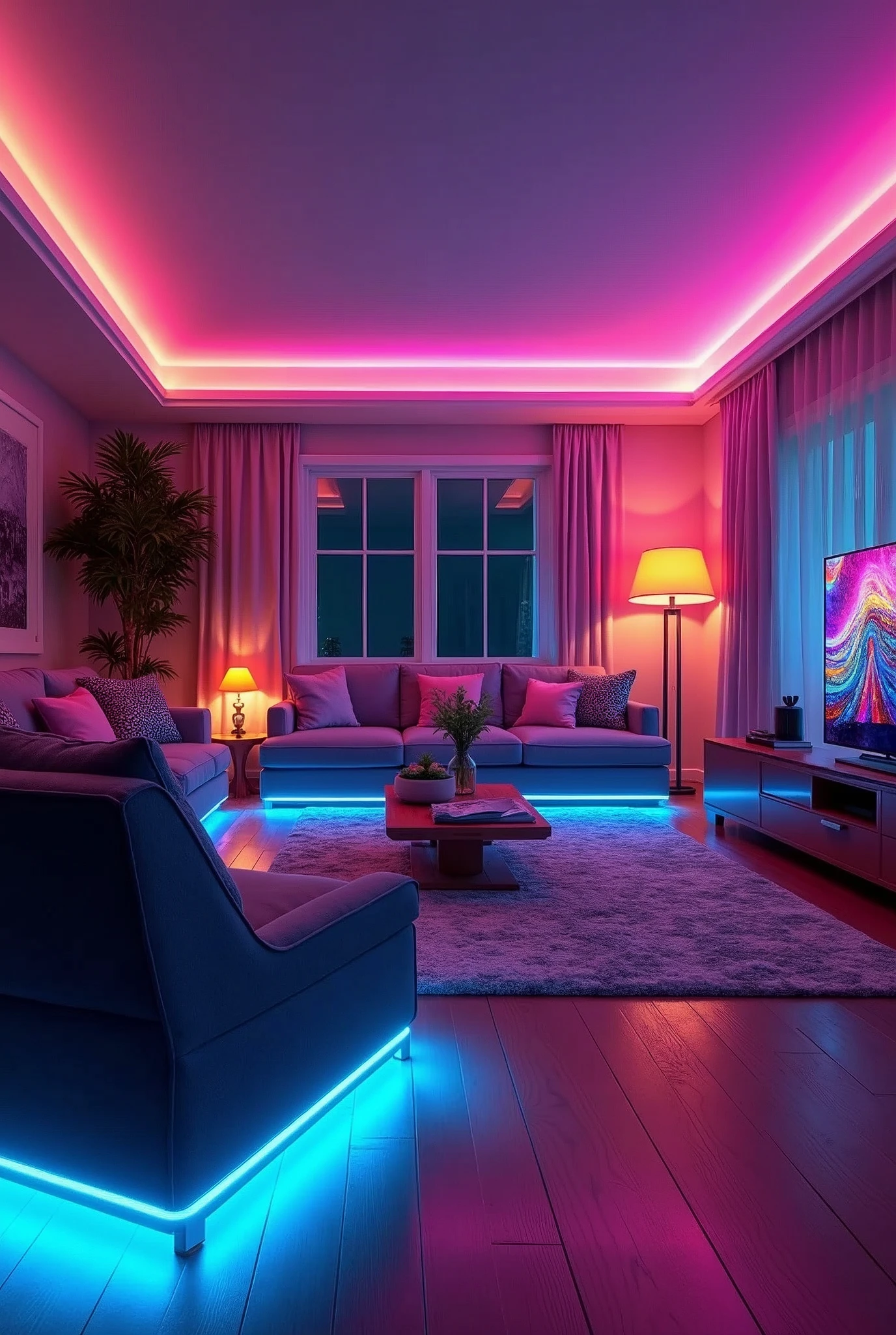 masterpiece, Excellent, +masterpiece, best quality, 1.RGB colorful light strip decoration,2.Colorful living room,3.Wide Angle,4.Ultra-high detail,