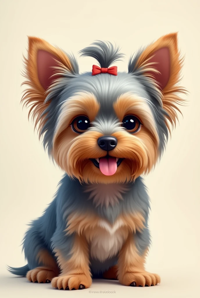yorkshire dog with bow on head and furry ears down