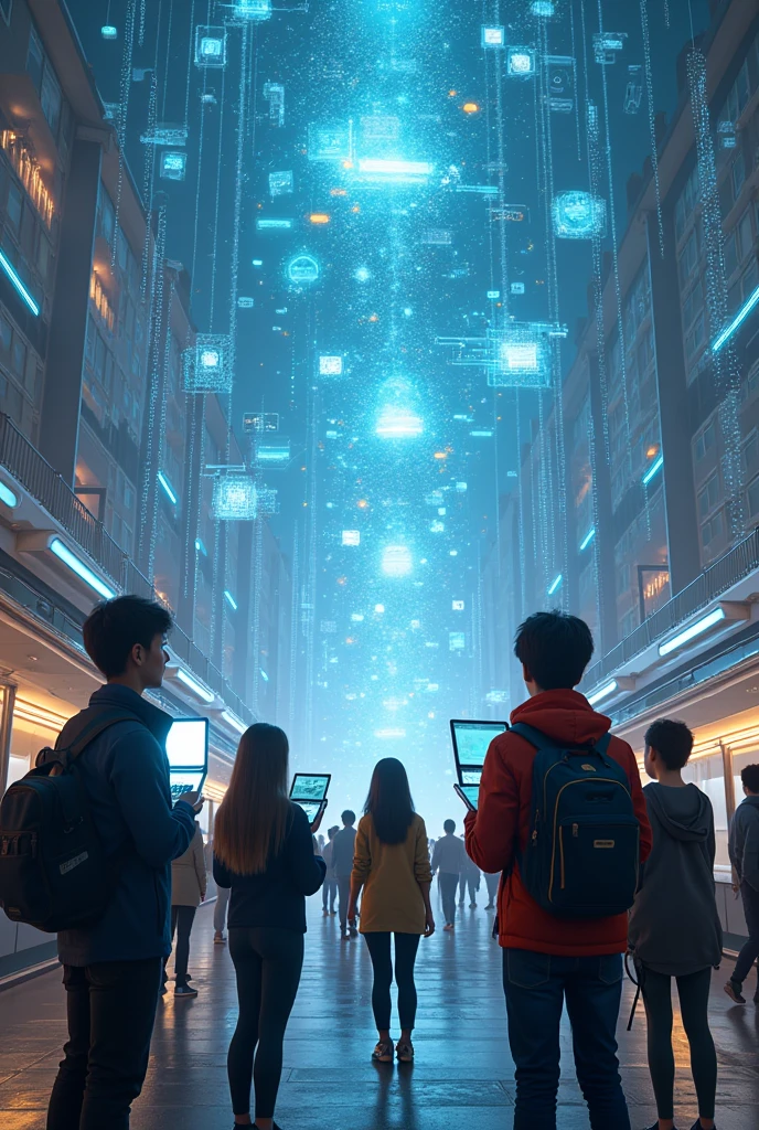 Students with high technology equipment outside in the digital world