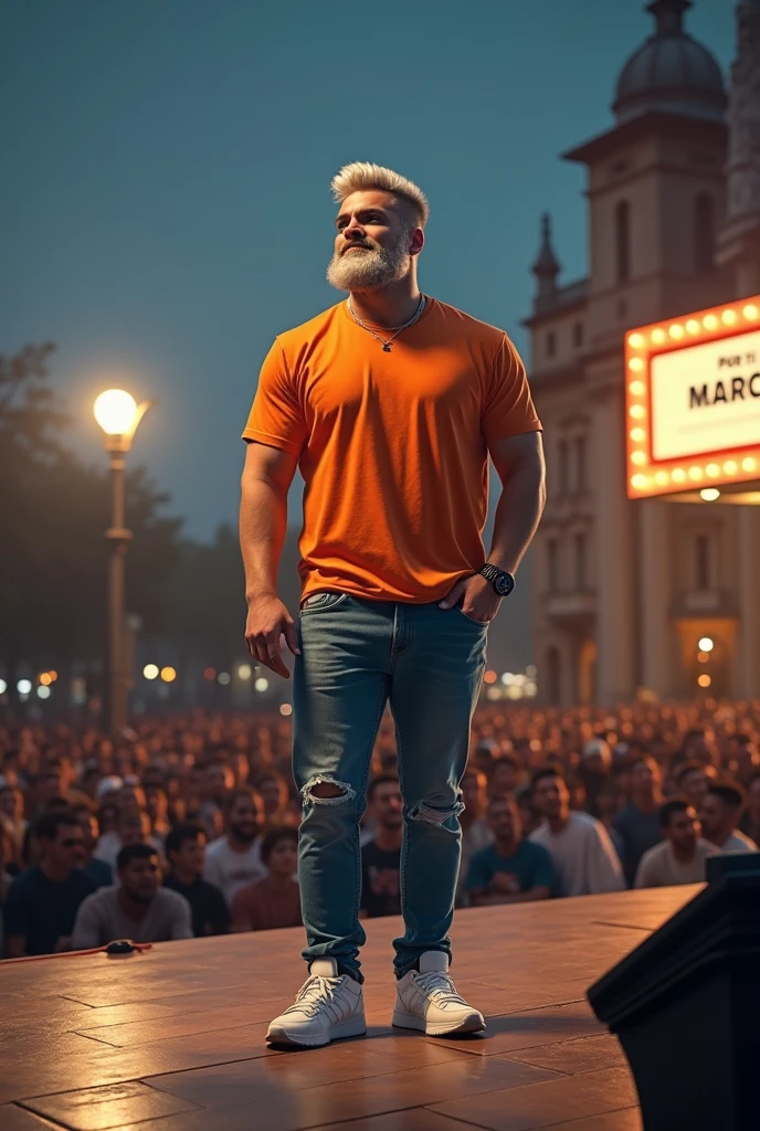 Realistic image of a 35-year-old young man with an athletic body, a military-style haircut and a stylized platinum beard and mustache, wearing an orange Goku t-shirt, blue jeans and Fila sneakers.. He is in a large square on a stage giving a recital for about 30 people., illuminated by 2 reflectors. At the top of the image there is a marquee with her next album called Por ti Marcia