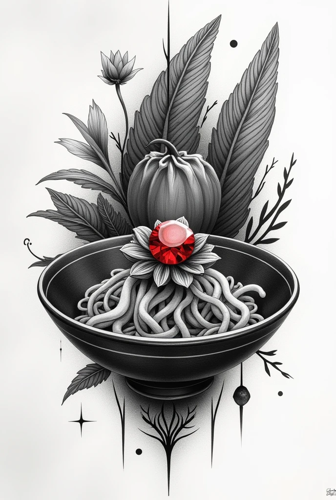 Black and white tattoo, Taipei culinary specialty, from Perth and Paris with a black and white ruby in the middle