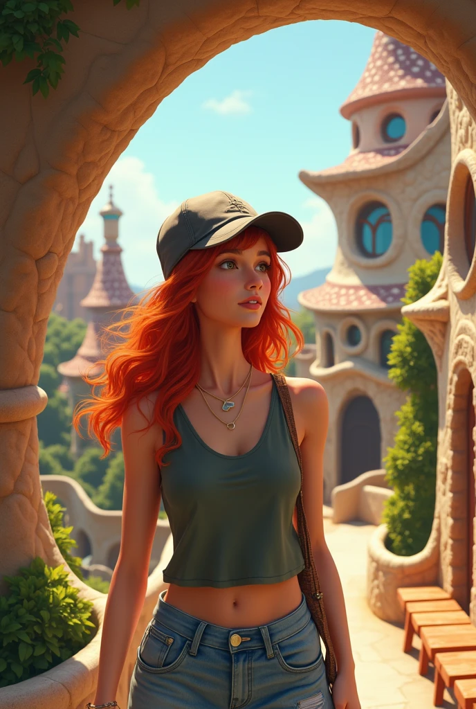 Imagine a red-haired white woman with a cap visiting Park Guell