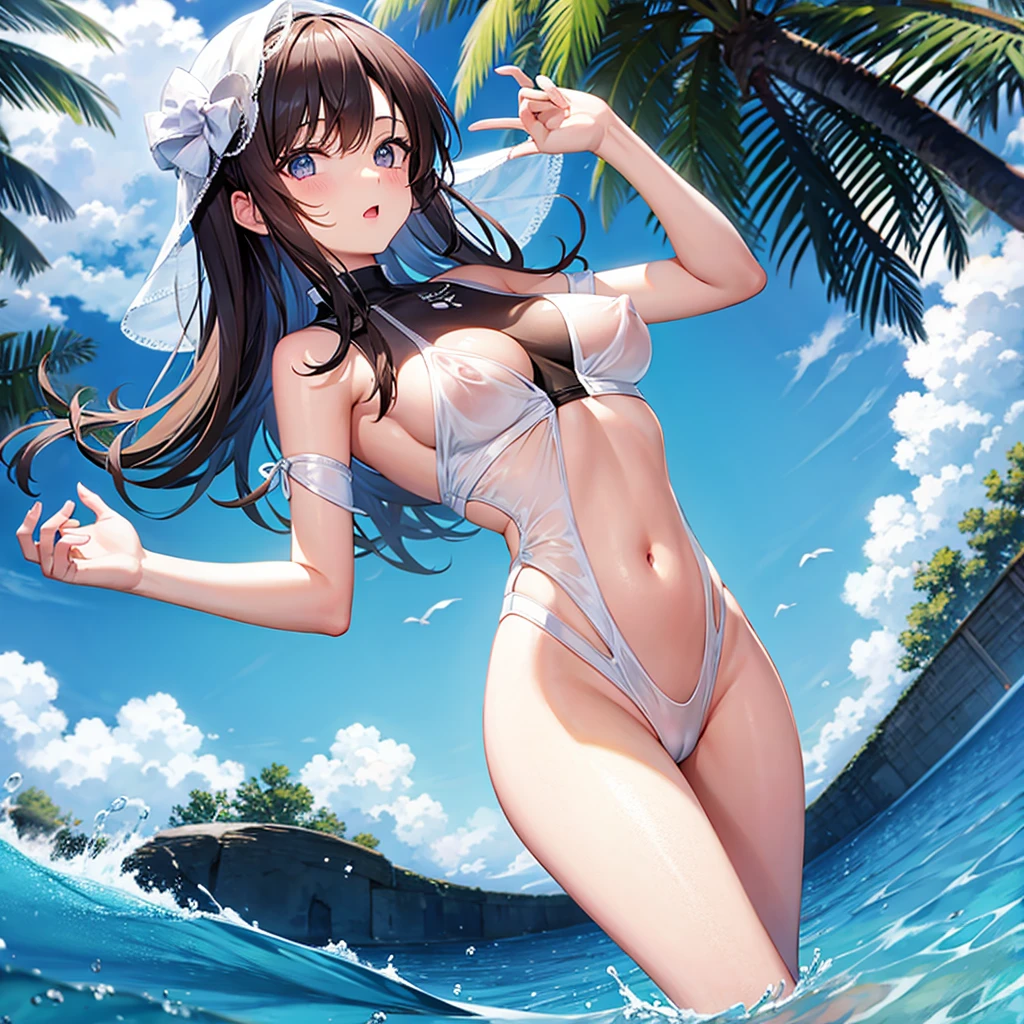 small breasts nipples see-through pussy see-through swimsuit