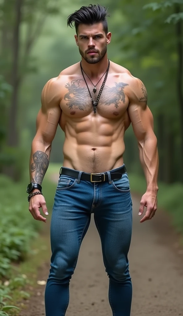 Fullbody standing picture of white skin Handsome  muscular horny nude sexy man wearing blue skinny jean tights, shiny black Disconnected Pompadour oiled hair style, blue eyes, shiny black varnished vinyl shoes, red lip, chain, tattoos, horny, cum shot, sperm, milking penis, big penis, very big testicle, shiny oiled skin, orgasm, oversexed, standing outdoor.