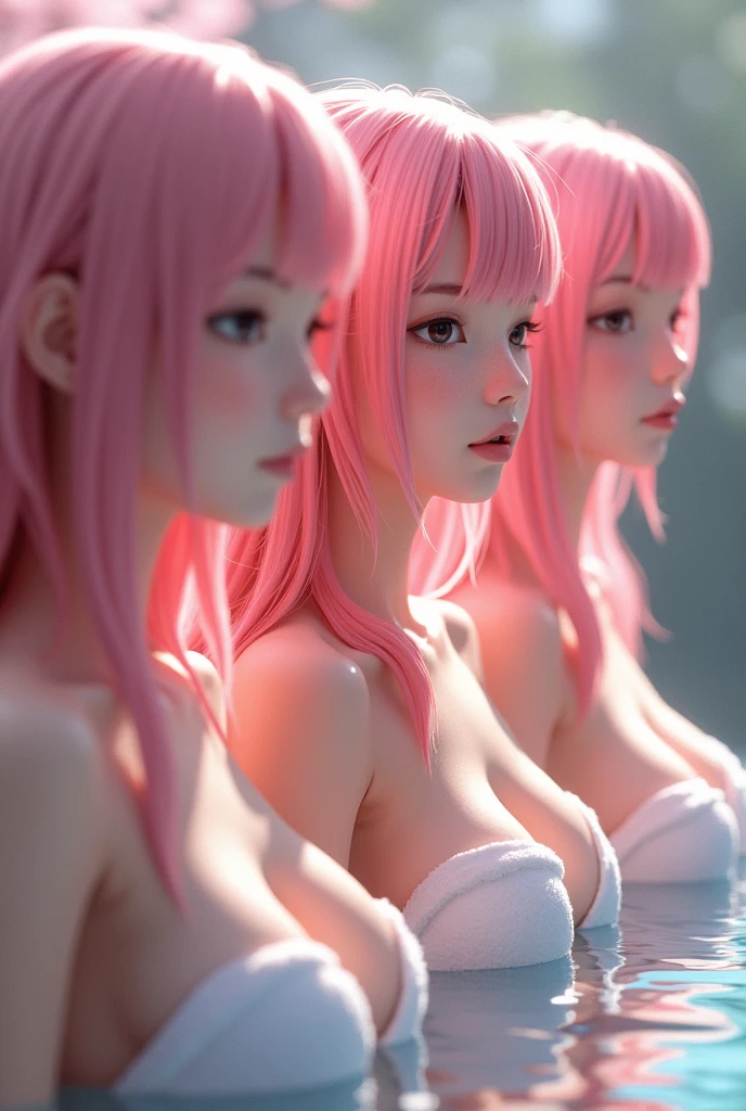 Masterpiece,Highest quality,Very detailed,8k CG,
Shoot from the chest up,
Three Girls,Stand in line,View your viewers,Side by Side,Body facing forward,
(nude,bath towel),blush,shy,Ecstasy face,(trembling:1.2),Pink Hair,
break,
Perfect breasts,Perfect nipples,Open your mouth,
At the hot spring,Cherry Blossom,