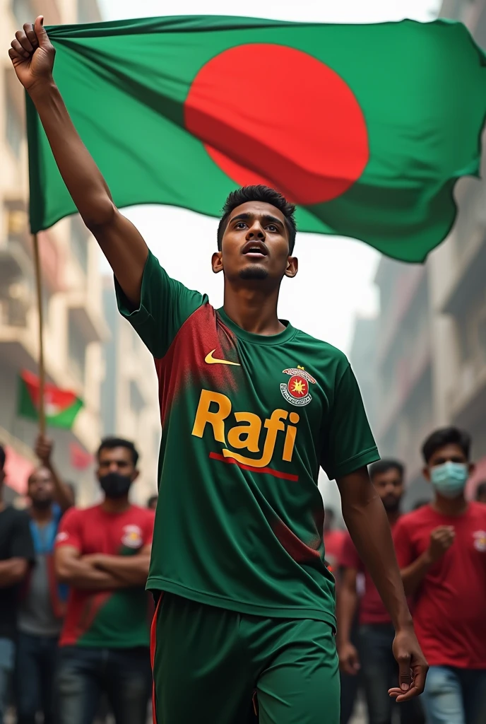 A 20-year-old boy is protesting with a Bangladeshi flag in his hand on the streets of the capital. Wearing the jersey of Bangladesh. 'rafi' written in English on Jersey