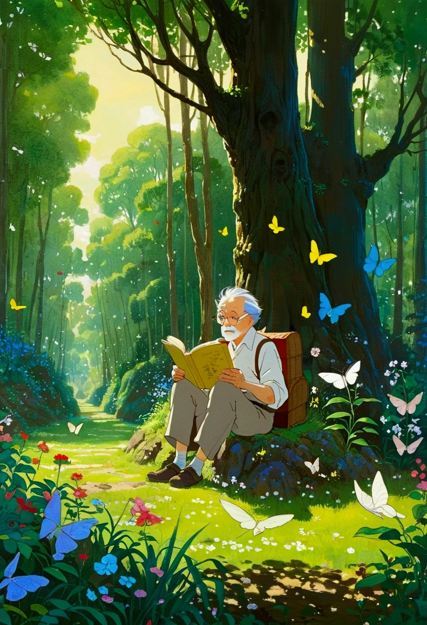 A man is reading in a forest full of butterflies, Character portraits inspired by Hayao Miyazaki, Pixiv competition winner, Magical Realism, William Joyce, Miyazaki style, Hayao Miyazaki, An old man with 7 yellow birds, Cyril Rolando 和 M. Vacaruta, Cyril Rolando 和 M.Vacaruta, Ghibli art style