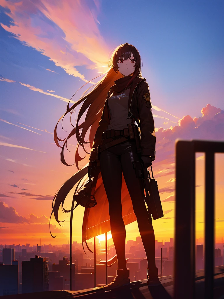 force, Multiple names, Cityscape, building, Skyline, sunset, Silhouette against a cloud background, meditation. Watching the beautiful sunset, sunset時に, sunset時, sunsetとともに, In the sunset, Nice views, Sunset view, With the sunset, sunset時に, During Golden Hour, looking sunset時に, Sunset in the background, Watching the sunset, In the spotlight, holding_gun, assault_rifle, Very detailed, Brown Hair, Long Hair, Anime Style, whole body, alone, Stylish Gunfighter Girl, Holding a steampunk long barrel pistol,Standing in the wasteland, 8K high resolution, White Background, The background is a dark and desolate landscape, Horror movie atmosphere. Her figure is very beautiful, Emphasizing the dark and crazy elements. Skillfully expressing the effects of light and shadow, Anime girls with guns and rifles, from Girls&#39; Frontline, mechanized soldier girl, Girls&#39; Frontline style
