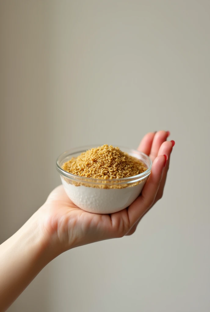 Indian roasted Fennel seeds in white glass bowl, held by a girl in her hand, show only hand like she raised the bowl, no body or face