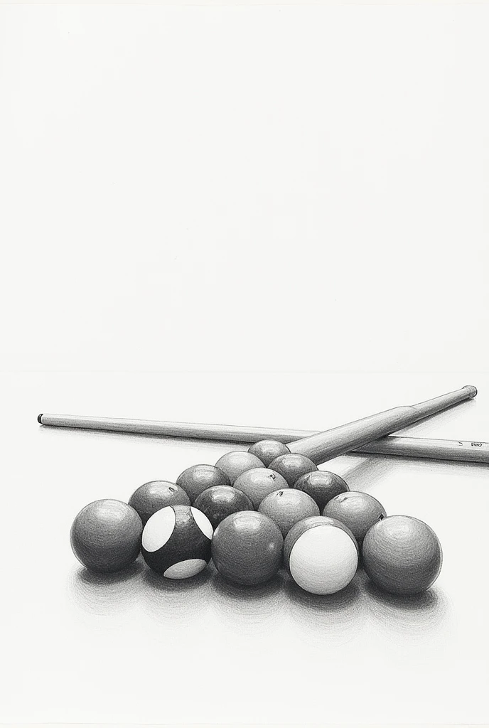 Pencil drawing of pool balls and a cue stick
