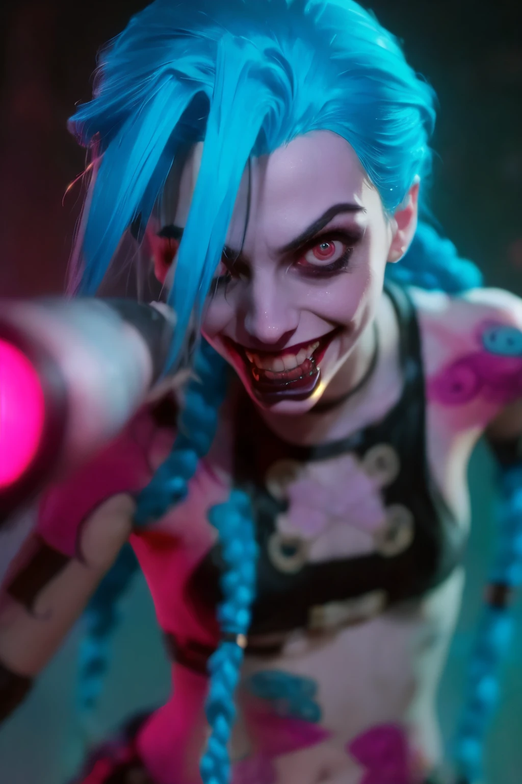 Hyper realistic super detailed Jinx cosplay ,(( Young girl, 15 years old)) , Very detailed, (hyper realistic: 1.4), ((in dynamic fight pose)) , ((angry face)) , twin braids, long hair, blue hair, red eyes, (((blue tattoo on arm))) , ((skinny body)) , (((psycho face, creppy smiling) )), arcane style. ((Grunge Neon grafitti background, cinematic lighting)).