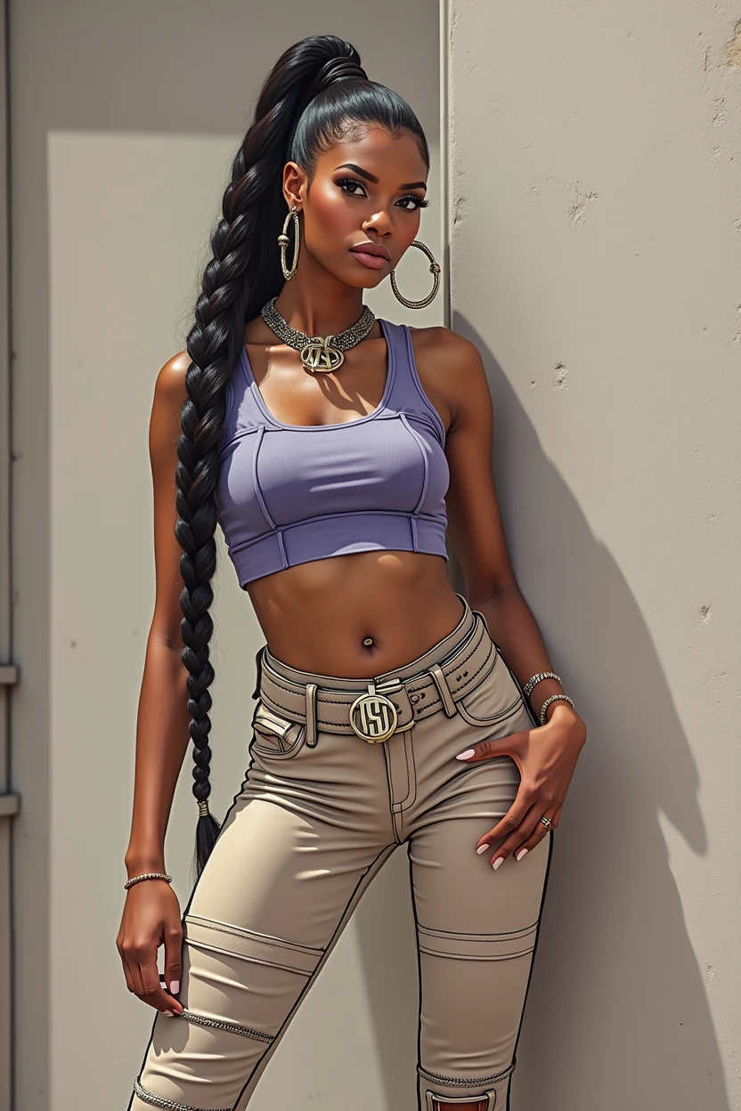 a beautiful African-American woman, detailed facial features, long eyelashes, full lips, wearing a crop top, high waisted leggings, belt with metallic buckle with the letters "EST" , sneakers, hoop earrings, dynamic pose, natural lighting, photorealistic, intricate details, vibrant colors, fashion editorial style,  bianca belair,very long ponytail
