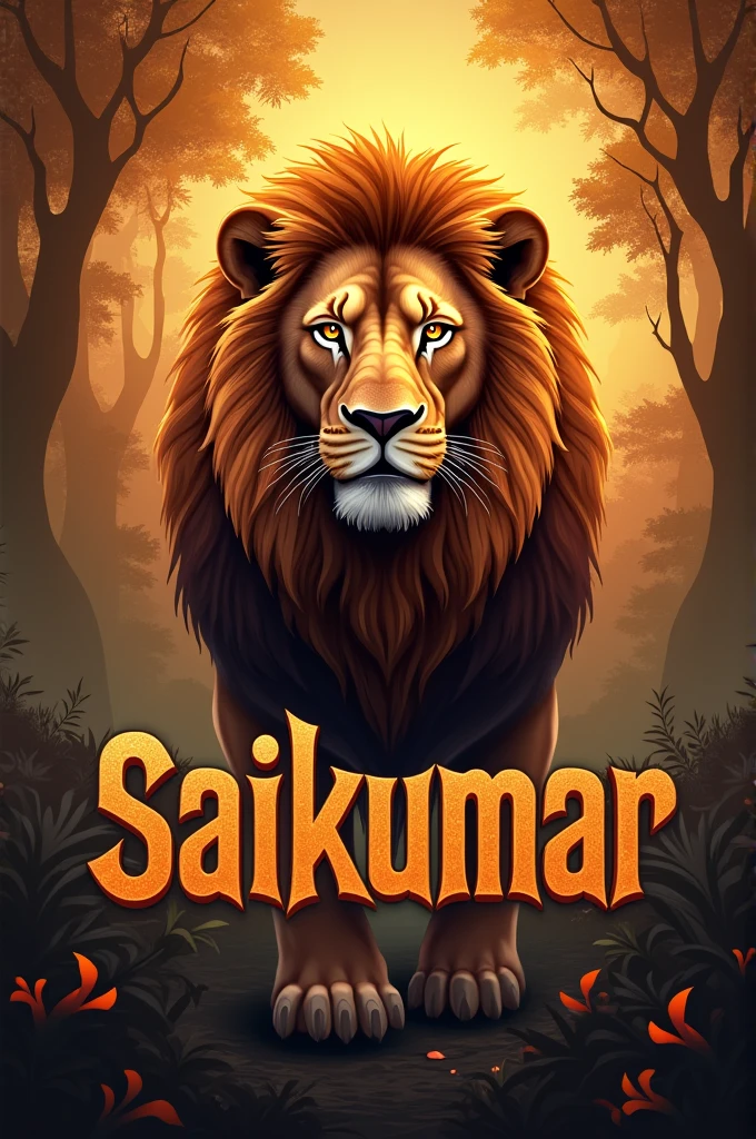Design a name art for "Saikumar" with a lion theme. Use the majestic lion as the central element of your design. Incorporate lion imagery such as a lion’s head, mane, or paw prints into the artwork. Write "Saikumar" in bold, regal letters that complement the lion theme, possibly integrating elements of the lion’s mane or features into the letter design. Use warm, earthy colors like gold, brown, and orange to reflect the lion's grandeur. The design should convey strength and nobility, capturing the essence of a lion’s presence.