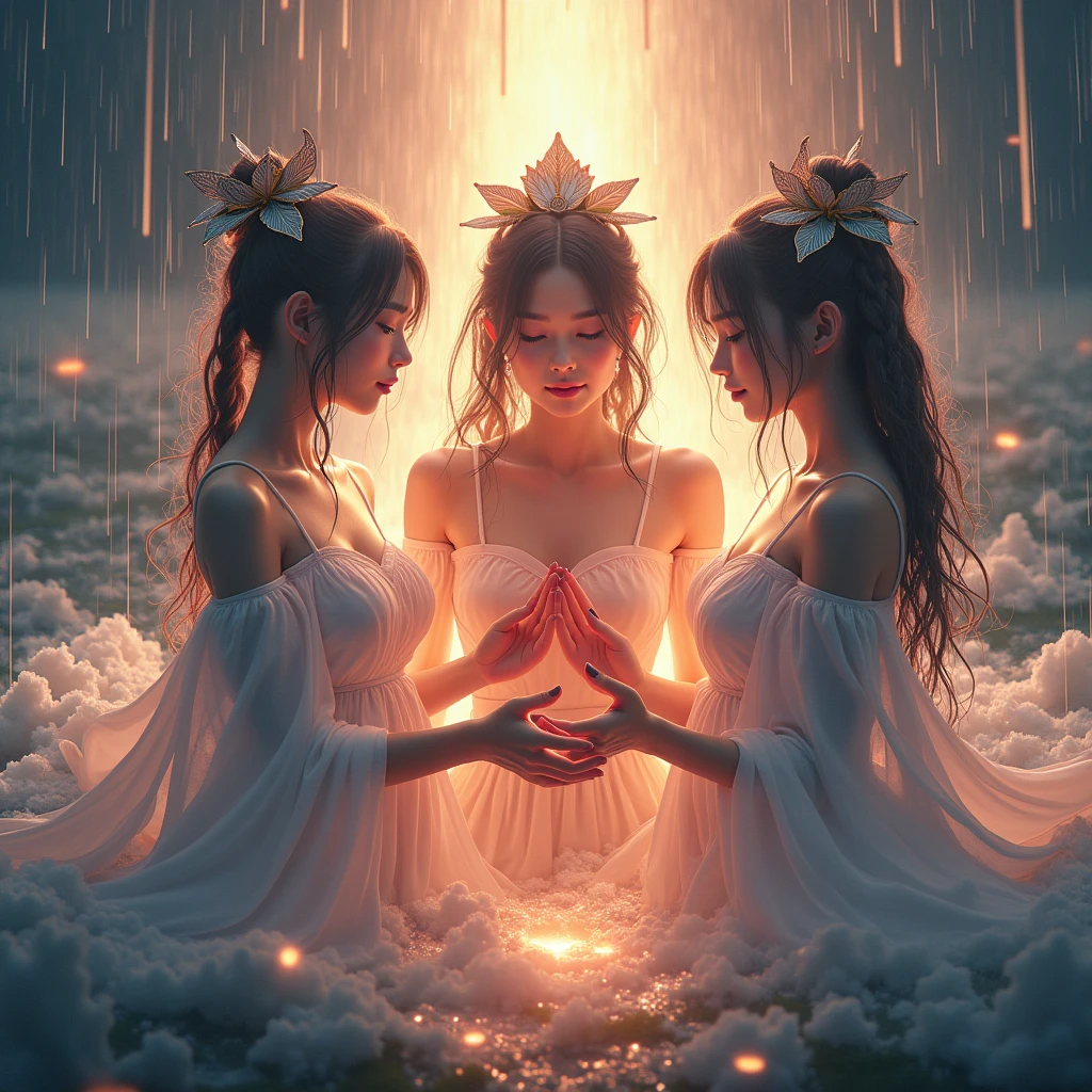Highest quality, Super detailed, (Ultra-high resolution,8k), Ultra-high definition 4K, (The three pure shrine maidens), (In a ring), (High-quality facial beauty), (In the Storm:1.2), (Photorealistic), (Detailed big breasts), Soft Skin, Glowing Skin, Bright lighting, 非常に激Shii雨, colorful, god々Shii, Professional photography techniques