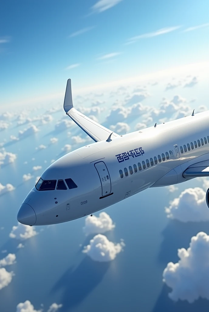 A plane in the sky with passengers walking