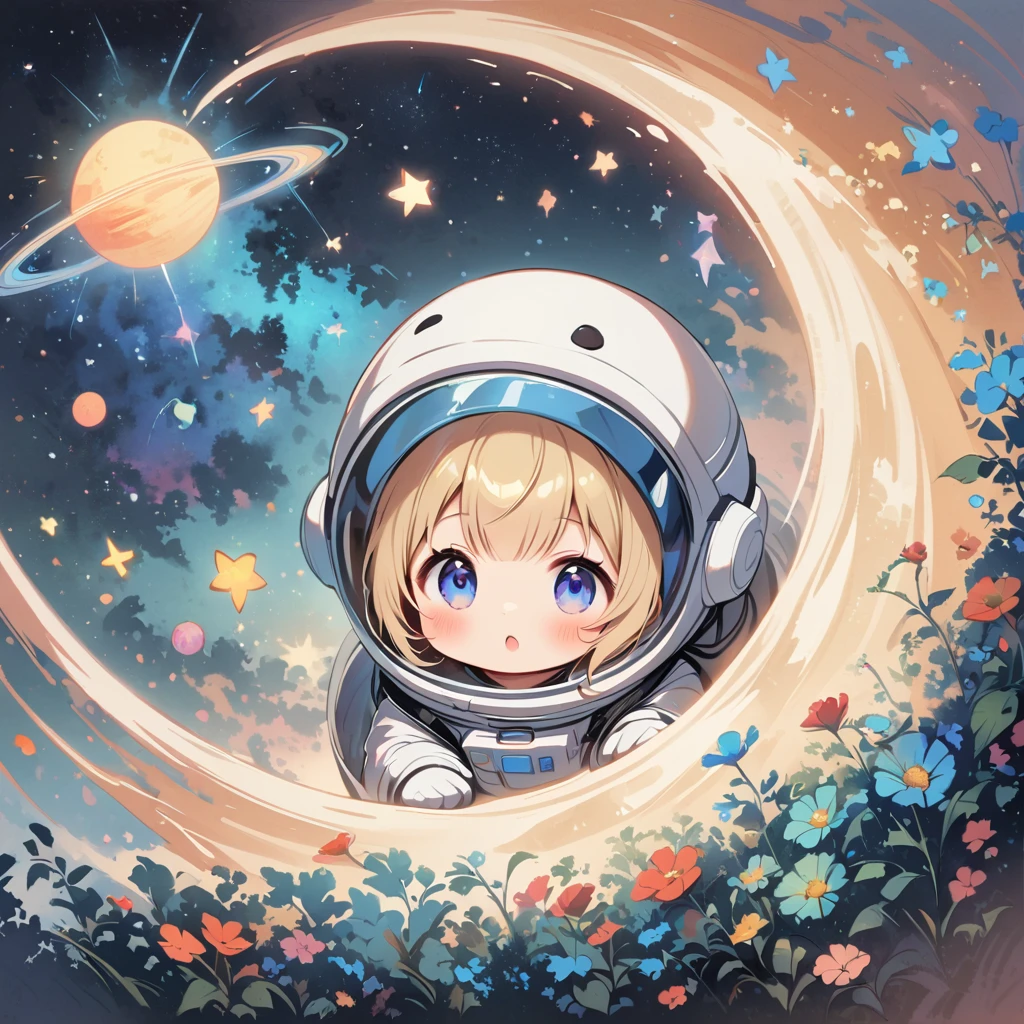 Baby Girl sit in spacesuit floating in space,Blonde hair, surrounded by the Milky Way, the universe , cutely with  note
