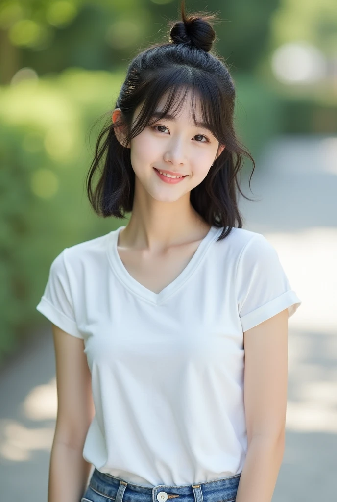 Top quality, 1 beautiful japanese woman, (Bun Hair: 1.2), perm black medium hair, wearing white T-shirt & short denim pants, shy-smile, sunlight, close up, standing, white skin, 20 age, bust size 'F',