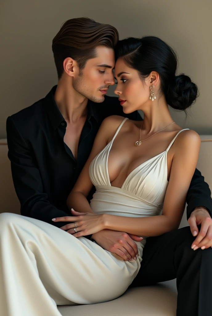 A woman with white skin,big black hair,slickedback hair,blue colored eyes,dressed in a white dress with an open side neckline,sitting on the lap of a white-skinned man,greeneyes, hair blonde,tall and strong,vestido de terno preto