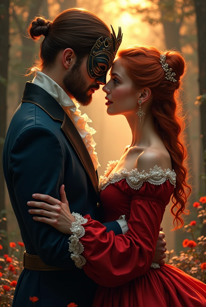Create a Period Romance Book Cover Description: period romance inspired by the tale of beauty and the beast. male character: a duke who suffered an accident and had part of his face and body burned.
female character: a red-haired woman who needs to get married to get rid of her family Visual elements: a couple in the spotlight, man with mask covering part of his face and woman with Latin features. A forest in the background and elements that refer to fire Design style: classic predominant colors: neutral and warm