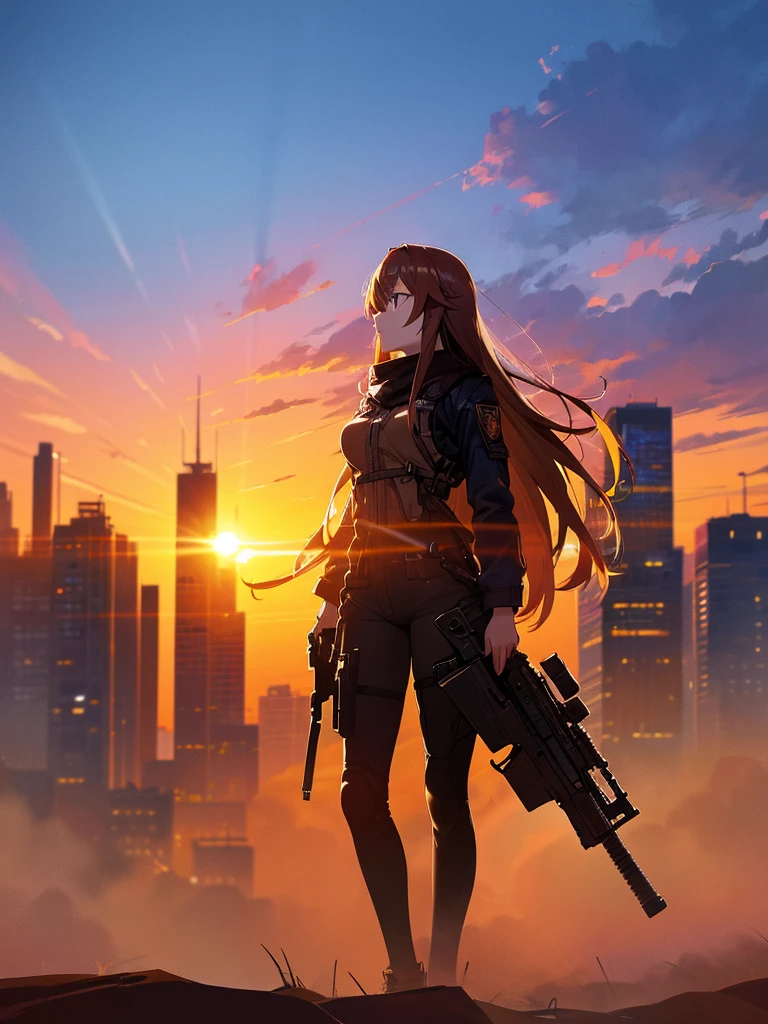 force, Multiple names, Cityscape, building, Skyline, sunset, Silhouette against a cloud background, meditation. Watching the beautiful sunset, sunset時に, sunset時, sunsetとともに, In the sunset, Nice views, Sunset view, With the sunset, sunset時に, During Golden Hour, looking sunset時に, Sunset in the background, Watching the sunset, In the spotlight, holding_gun, assault_rifle, Very detailed, Brown Hair, Long Hair, Anime Style, whole body, alone, Stylish Gunfighter Girl, Holding a steampunk long barrel pistol,Standing in the wasteland, 8K high resolution, White Background, The background is a dark and desolate landscape, Horror movie atmosphere. Her figure is very beautiful, Emphasizing the dark and crazy elements. Skillfully expressing the effects of light and shadow, Anime girls with guns and rifles, from Girls' Frontline, mechanized soldier girl, Girls' Frontline style